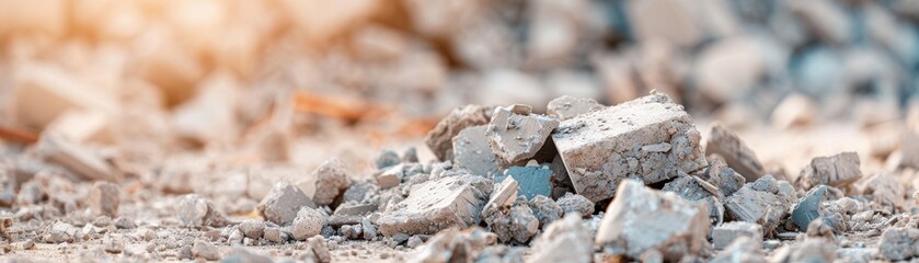 A close-up view of construction rubble with blurred background, showcasing broken concrete pieces and sunlit debris.