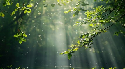 Tranquil forest scene with soft sunlight filtering through the leaves