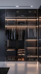 Modern walk-in closet with glass doors and LED lighting.