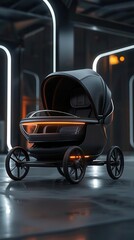 Futuristic black stroller with orange accents and sleek design.