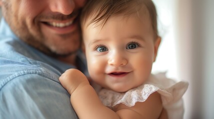 Happy little girl hugs dad and looks at camera