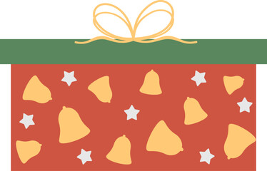 Christmas gift box with ribbon bow, bell and star on box