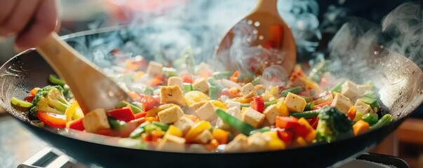 Stir fry with tofu and mixed vegetables in a wok, vibrant and steamy, plant based protein, Asian cuisine