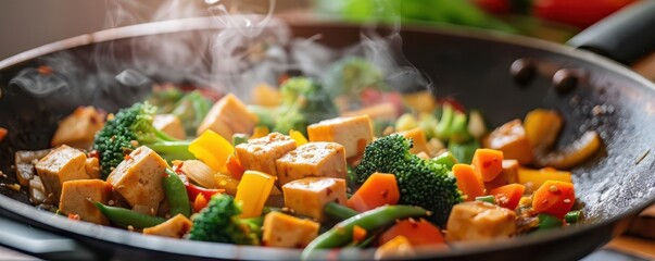 Stir fry with tofu and mixed vegetables in a wok, vibrant and steamy, plant based protein, Asian cuisine