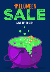 Halloween Save Up to 50 With Cauldron with green potion and candies. can use for Poster, Banner, Special Offer, Discount. Bright vertical template.