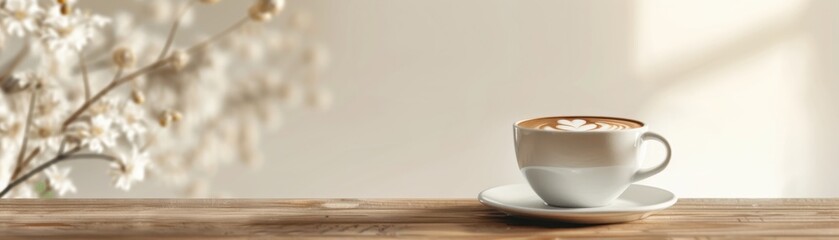 A warm cup of coffee on a wooden table next to delicate flowers, lit by soft natural sunlight. Perfect for relaxation and serene moments.
