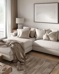 Minimalist living room with a white sectional sofa, soft throw blanket, and a large framed print.