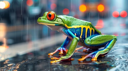 Naklejka premium Colourful frog jumping on the side walk of a busy street, lots of legs walking past, night, macro photography shallow depth of field