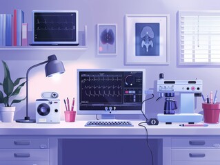 A clean, modern doctor's office with medical equipment, a computer, and framed artwork. The room is bathed in soft, blue light.