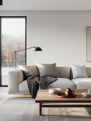 Modern living room with white sofa, wooden coffee table, and large window