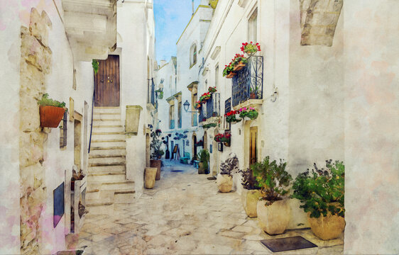 Fototapeta Narrow street, flowers in pots, old staircase in a mediterranean town. Watercolor painting. Cozy courtyard in an old Italian city.