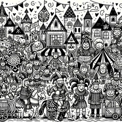 Doodle art cartoon of a medieval village festival with jesters and knights