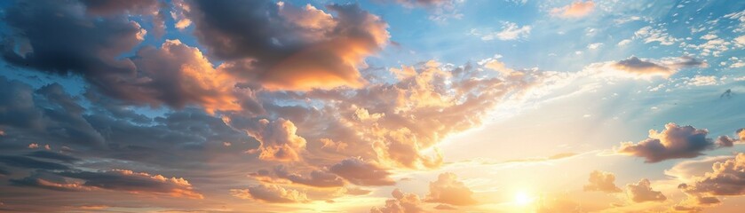 Obraz premium Beautiful sunset sky with colorful clouds and sun rays, creating a stunning and serene natural landscape in the evening.