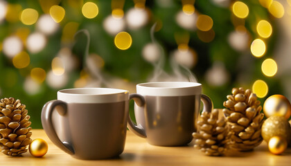 Fototapeta premium Cozy Christmas Celebration: Gold Decor and Pair Cups on Festive Table