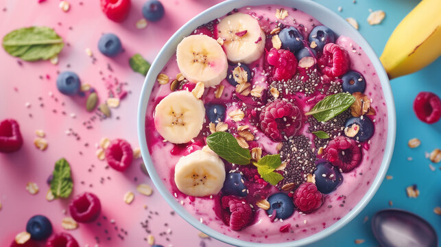 A smoothie bowl decorated with fresh berries, chia seeds and sliced ​​bananas stands out against a colorful background.