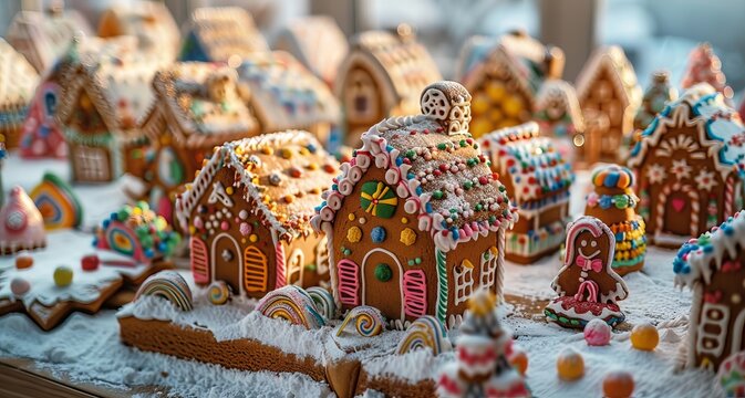 Christmas gingerbread city or town. Colorful christmas gingerbread house panorama, gingerman home - concept, Generative AI