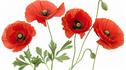 Fototapeta premium Three red poppies with green leaves and a seed pod are displayed on a white background