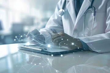A doctor in a white coat sits at a desk, carefully navigating a digital network displayed over a clipboard. Their focus on the screen illuminates their dedication to modern healthcare.