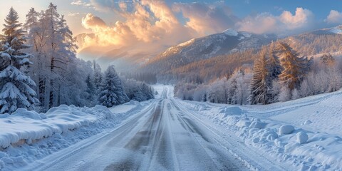 a snowy road in the mountains. Wonderful winter landscape, Generative AI