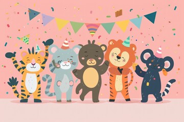 Naklejka premium Adorable cartoon animals celebrating birthday party with confetti and streamers on pink background illustration