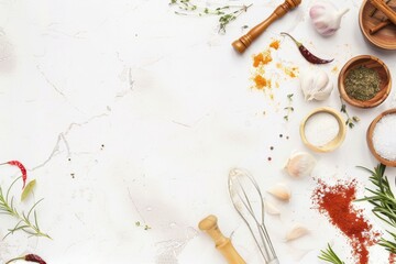 A white marble surface is adorned with a scattering of spices, herbs, and kitchen tools, inviting culinary creativity.