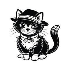 cat sitting silhouette black and white vector illustration 