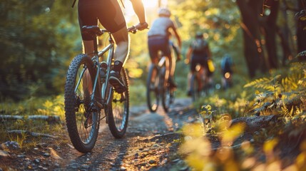 A mountain biking team riding on a challenging and difficult trail, showcasing the athletes' determination to overcome various obstacles, with beautiful scenery all around and lush forest.