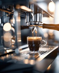 Espresso pouring from a professional coffee machine into a glass cup.