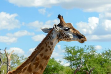 Fototapeta premium A tall giraffe with patterned skin stands under a blue sky, gazing across the African savanna with its long neck turning to the side