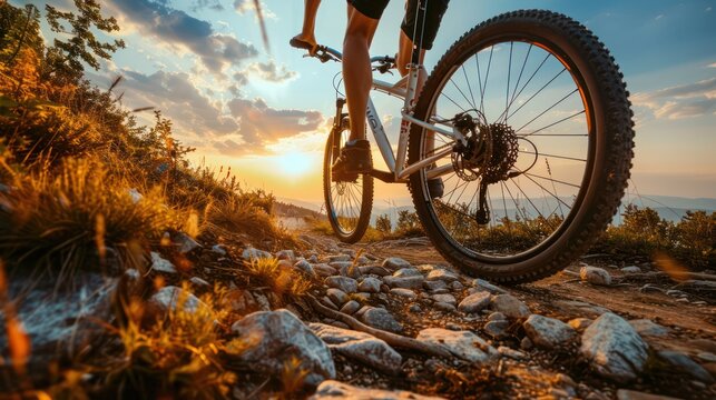 Popular view, A view of the bicycle wheel hitting rocks along the way as the cyclist rides through a challenging mountain trail, with beautiful scenery all around.