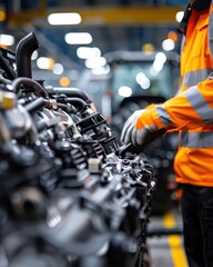 Obraz premium A mechanic inspects the engine of a vehicle in a factory setting.