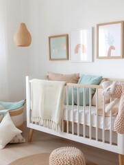 Cozy and stylish nursery with white crib, soft blankets, and cute decor.