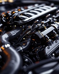 Close-up of a powerful car engine, showcasing intricate mechanics and design.