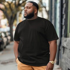 Fototapeta premium Plus size stylish man wearing a Black comfort colors Tee tshirt for product mockup,