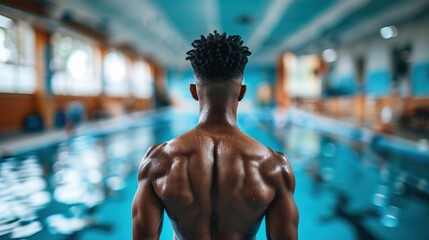 Muscular Man Standing by the Pool Looking Away