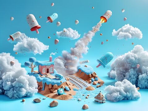 Surreal Landscape Impacted by Fantastical Candy Meteors Falling from Colorful Cloudy Sky