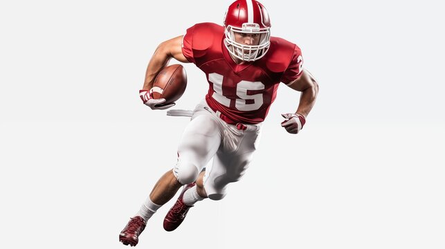 An American football player runs with a ball in a red and white uniform. Isolated on a transparent background