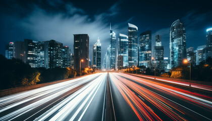 Modern Cityscape at Night with Light Trails from Fast-Moving Cars and Illuminated Skyscrapers