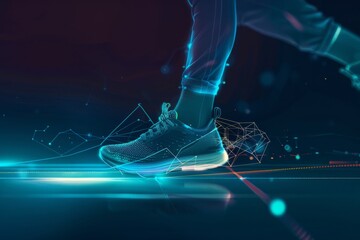 A single foot in a running shoe steps onto a futuristic, glowing track. The shoe is outlined in digital lines and glowing light.