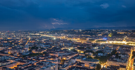 Lyon city at night thunderstorm