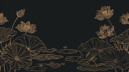 A lotus pond is depicted by golden lines against a black background