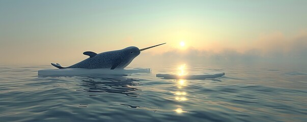Solitary Narwhal on Floating Ice Floe at Sunset in the Arctic Ocean