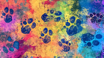 Blue paw prints covering a colorful abstract background