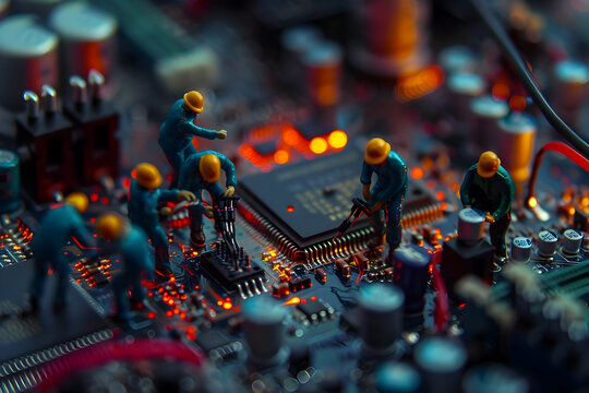 Mini workers are working on a circuit board