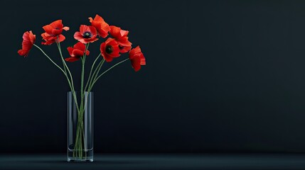 Obraz premium A bouquet of red poppies sits in a white vase against a dark, black background.