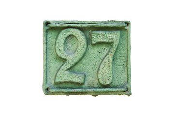 Old retro weathered cast iron plate with number 27 isolated on white background