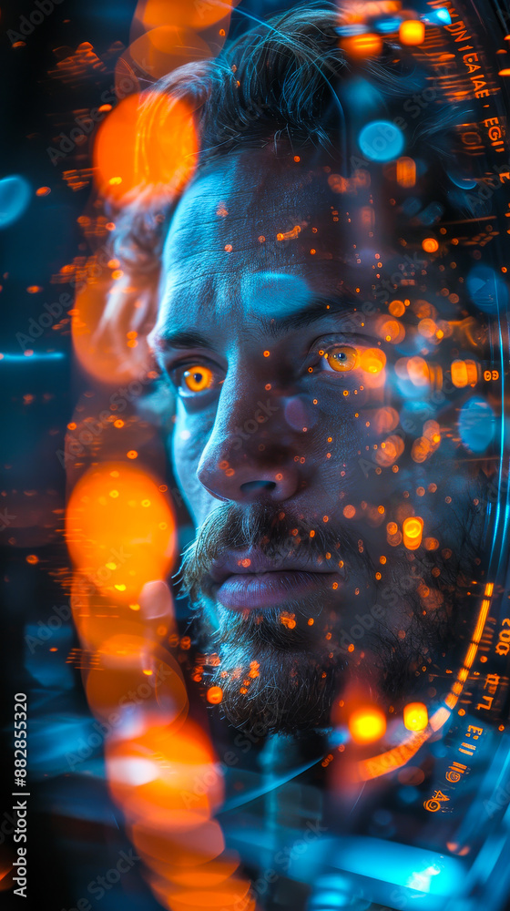 Poster businessman immersed in agile software development concept with futuristic tech interface and data v