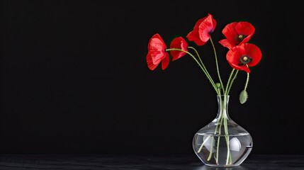 A bouquet of red poppies sits in a white vase against a dark, black background.