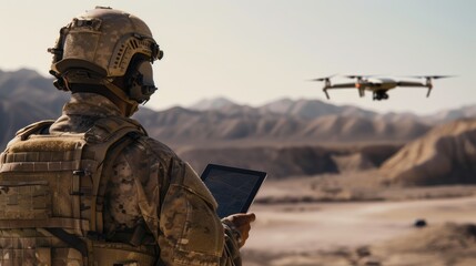 Fototapeta premium Soldier Operating Drone Live Feed