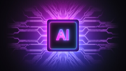 Artificial intelligence technology of machine learning on circuit board, with neon light glowing lines, Technology digital abstract background 3d Rendering